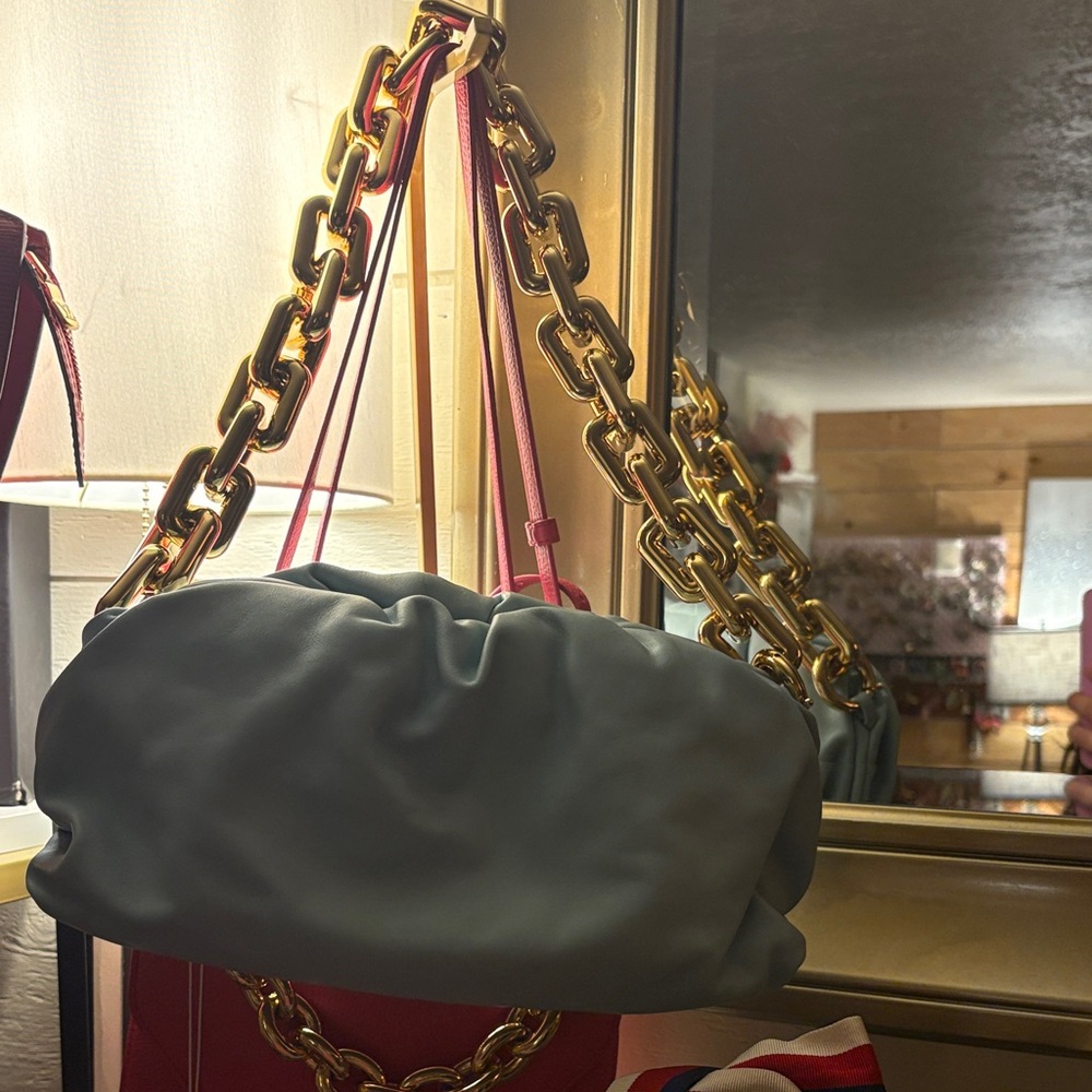 Bottega Veneta mint colored “the pouch” Blue large gold Chain Strap Women's Bag